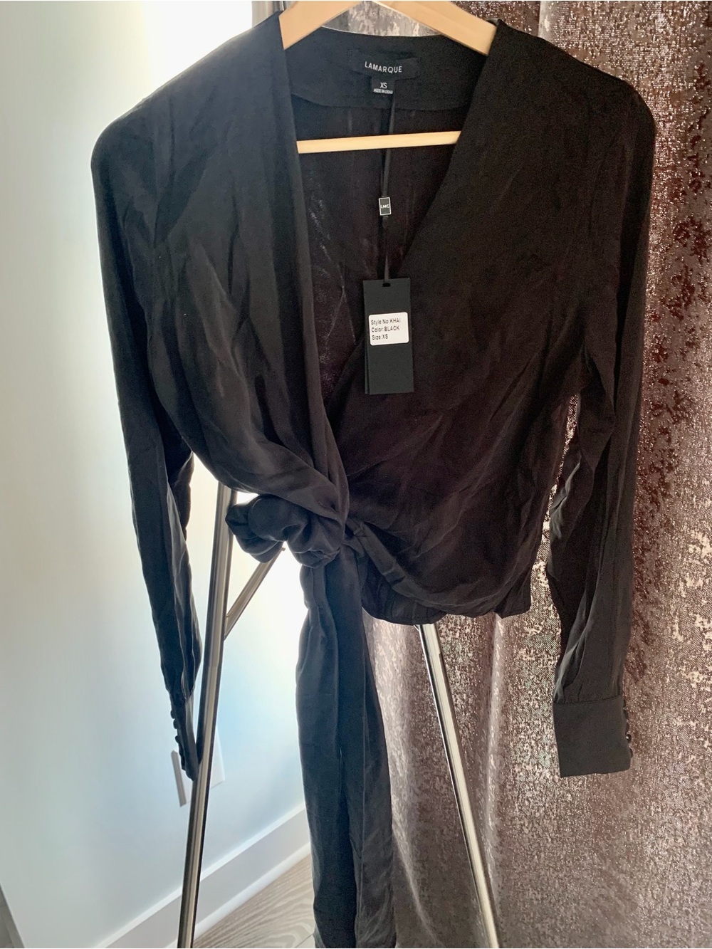 Lamarque Black Wrap Tie-Front Long Sleeve Blouse
